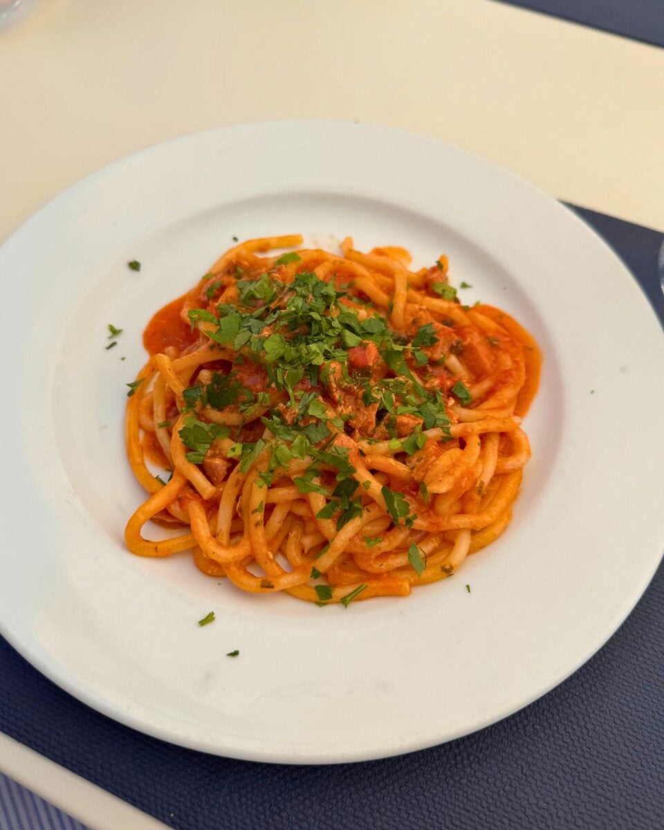 A plate of spaghetti with tomato sauce and parsley on a white plate.