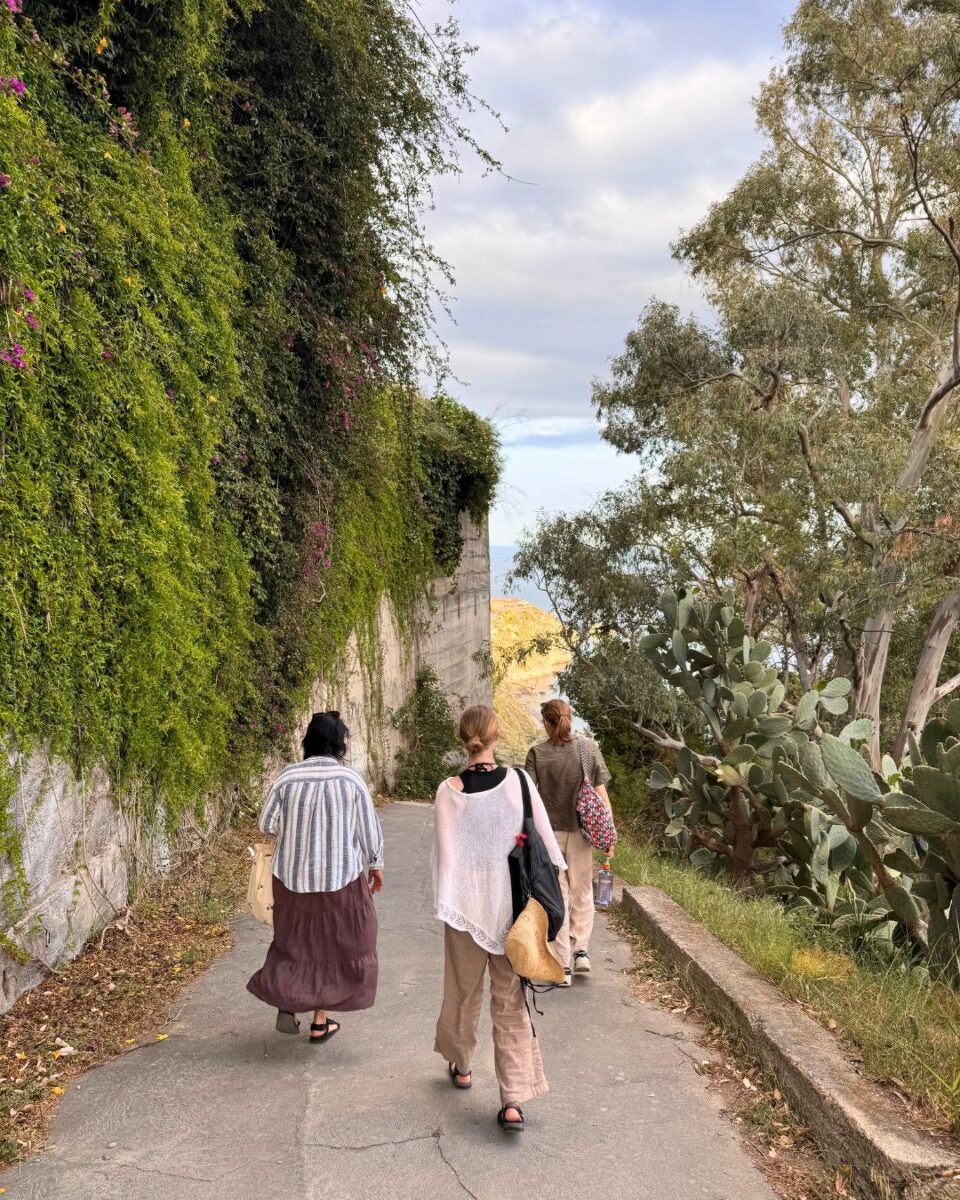 Three people walking on a path bordered by greenery and trees.