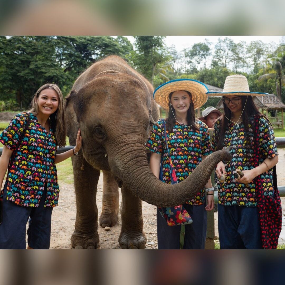 Three individuals in colorful elephant-print shirts with a young elephant.