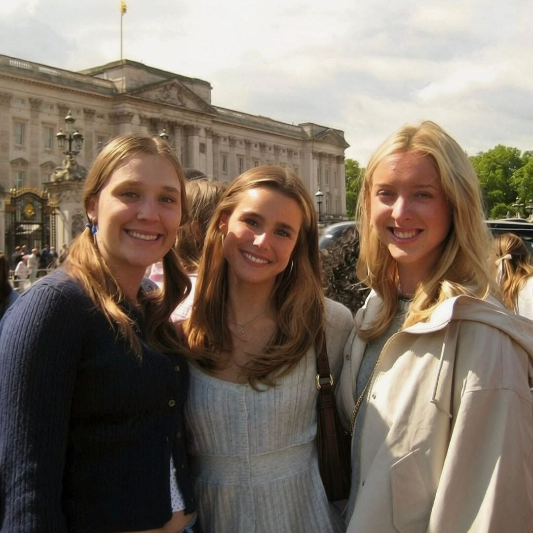 Three women stand smiling in front of Buckingham Palace on a partly cloudy day, with other visitors and greenery visible in the background.