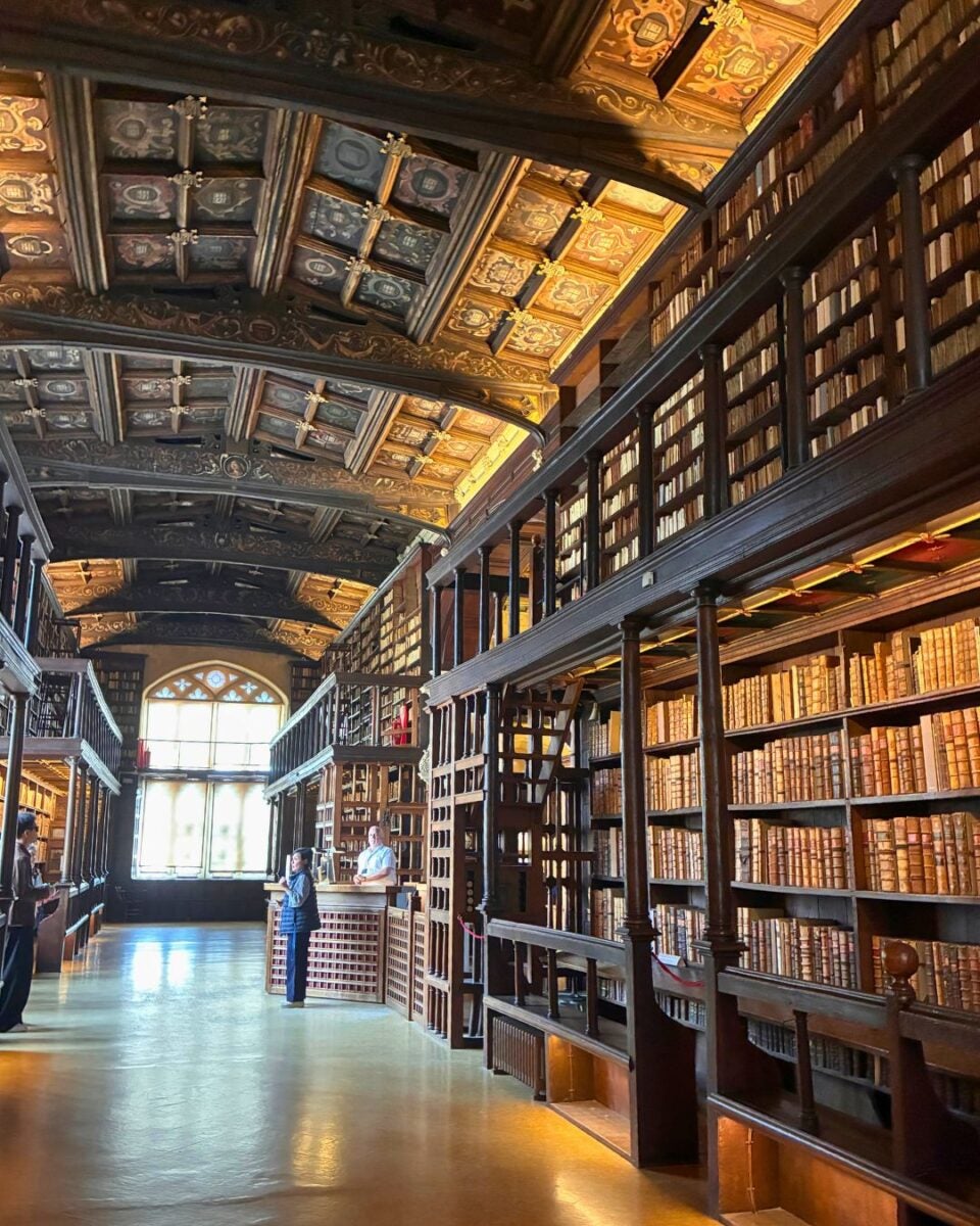 The Bodleian Library interior with tall wooden bookshelves filled with old leather-bound books and a decorative vaulted ceiling.