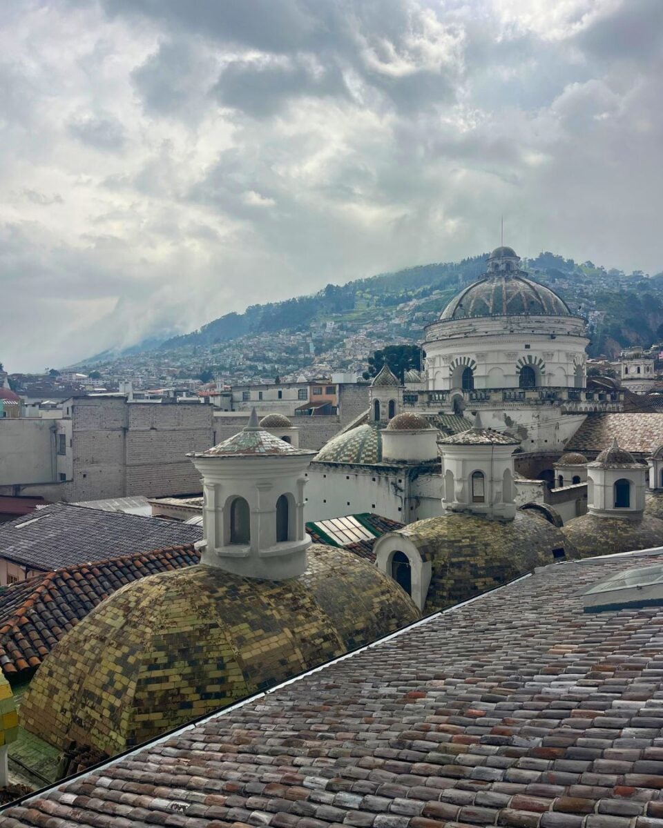 View of historic domed rooftops with weathered tiles under a cloudy sky and a hillside town in the background.