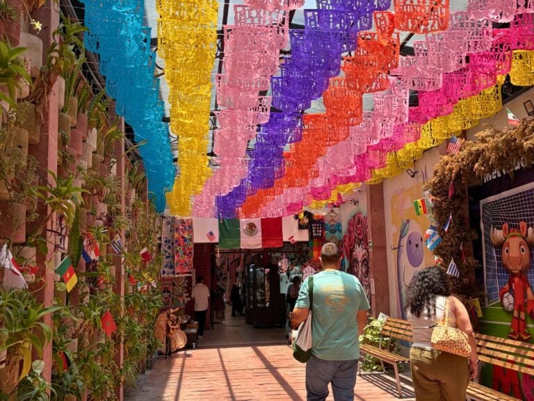 Colorful papel picado banners hang overhead in a vibrant outdoor corridor with people walking beneath them.