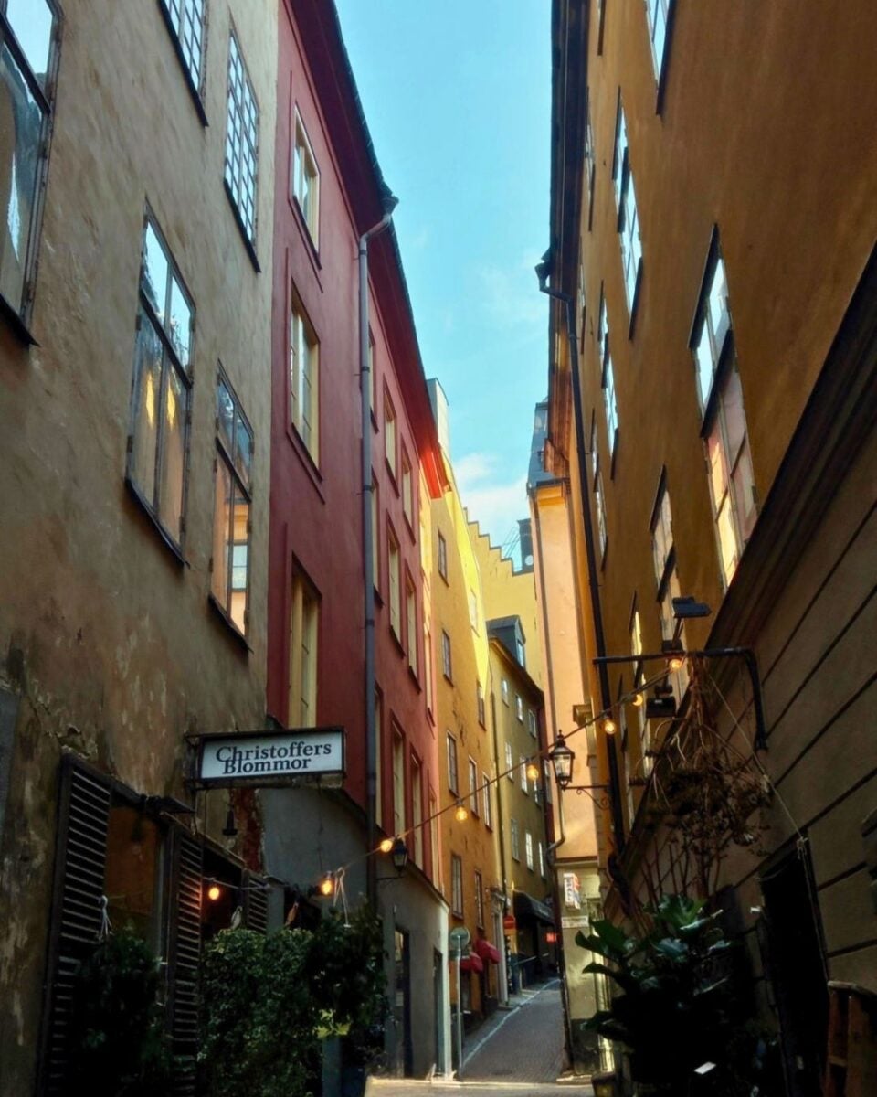 Narrow cobblestone street lined with tall, colorful buildings under a clear blue sky.