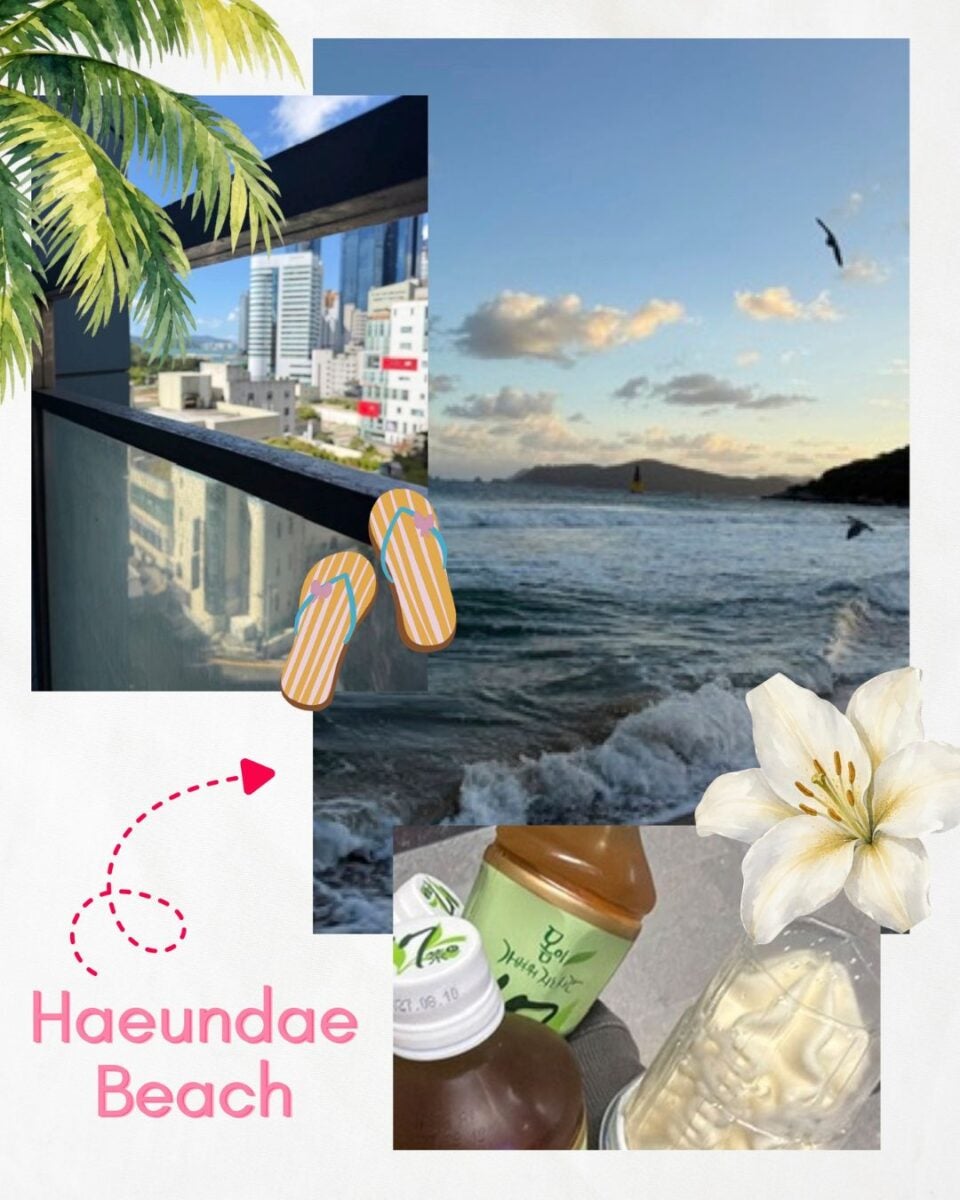 View of a city skyline from a balcony with palm leaves and flip-flops, alongside a beach scene with waves, seagulls, and drinks labeled Haeundae Beach.
