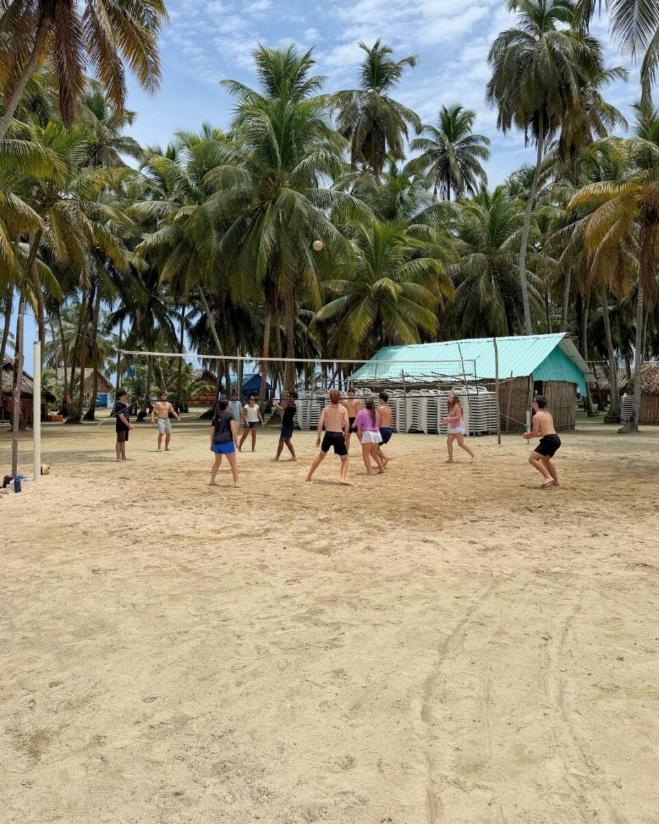 Group of people playing volleyball on a sandy court surrounded by tall palm trees under a partly cloudy sky.